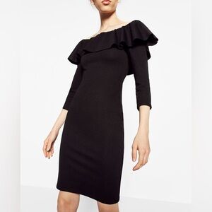 Zara Black Ruffle Off The Shoulder Dress Size M Medium Stretchy Knit Bodycon